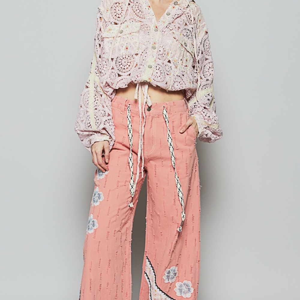New POL Floral Patchwork Embroidered Drawstring Jeans Relaxed Fit Pants Pink - Picture 7 of 11